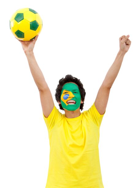 Brazilian football fan with the flag painted on his face - isolated over white