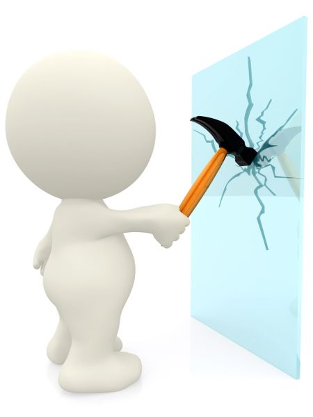 3D person smashing a glass with a hammer - isolated over a white background