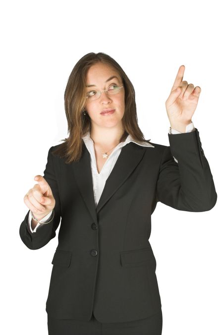 business woman pointing at the screen with both hands
