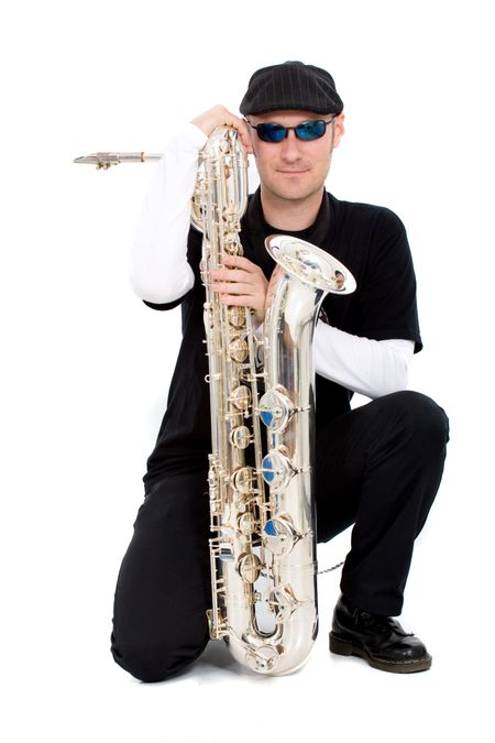 saxophone player with his instrument over a white background