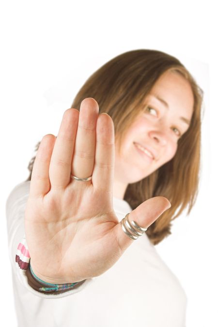 Casual girl signing to stop