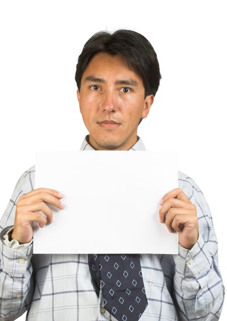 business man holding a blank card, space for writing