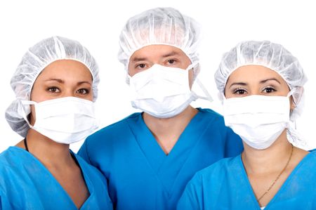 group of surgeons or nurses in blue over a white background