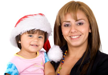 baby santa and her mum smiling over a white background