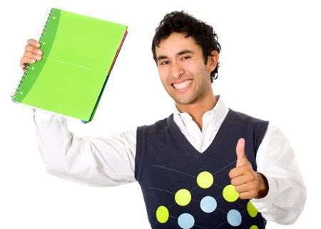 college student with a notebook smiling at the camera and doing a thumbs up sign - isolated over a white background