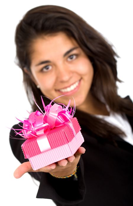 business girl offering a gift smiling over a white background