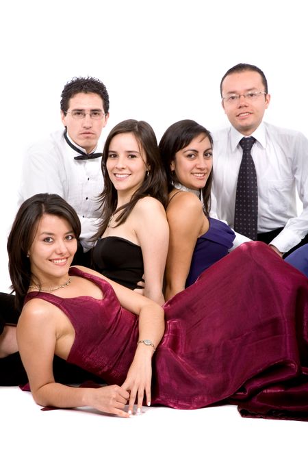 group of friends ready to party wearing elegant dresses and tuxedos