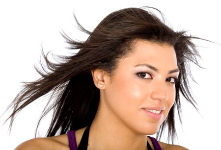 fashion woman portrait where she is smiling over a white background