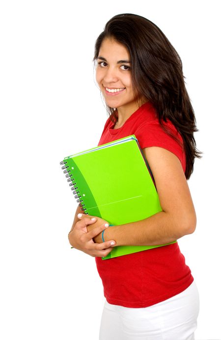 female student carrying notebooks over a white background