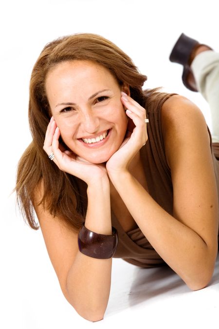 Casual woman smiling portrait over a white background