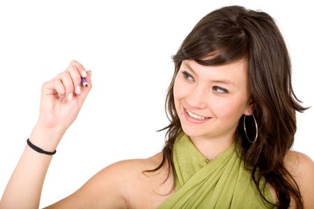 girl drawing on screen smiling over a white background