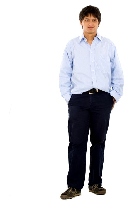Casual friendly man in blue standing – isolated over a white background