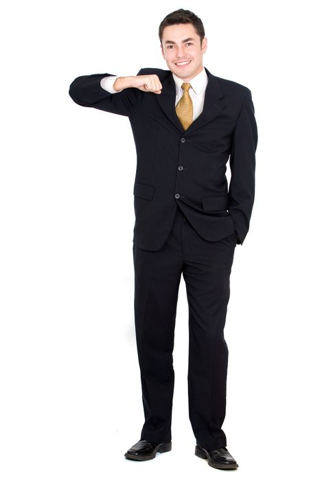 Business Man leaning on something imaginary over a white background