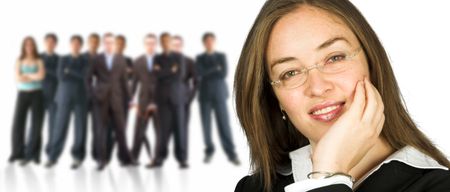 business woman in glasses with her team - focus on woman