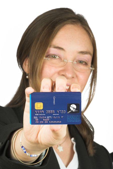 Business woman with a credit card on her hand. **note: The credit card numbers are made up by me, also the logo on the credit card is one of the images from my portfolio.