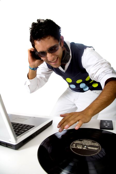 disc jockey in action isolated over a white background