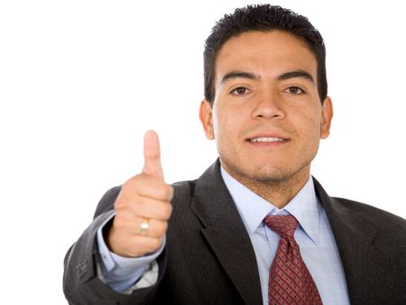 business man smiling doing the thumbs up sign over a white background