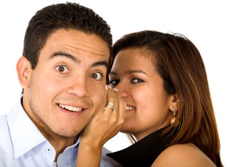 Business woman telling a businessman a secret - surprise and fun faces - over a white background