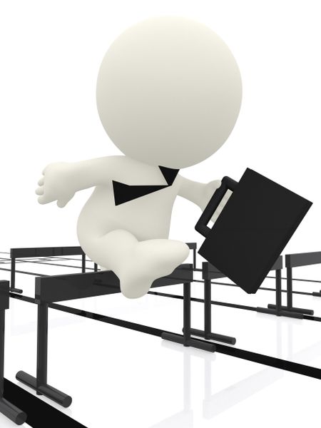 Business man jumping hurdle isolated over a white background