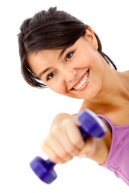 Woman exercising with free-weights isolated over a white background