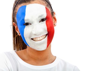 Portrait of a woman with the French flag painted on her face - over a white background