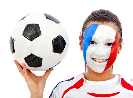 Portrait of female french football fan with painted face - isolated over white