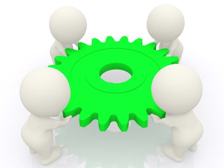 3D people carrying cogwheel isolated over a white background