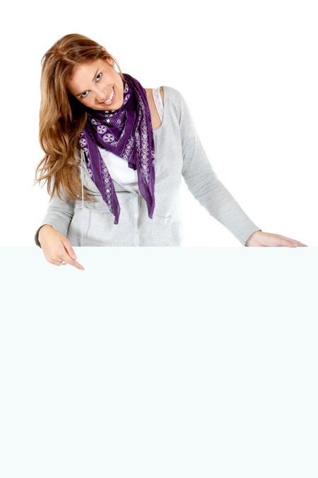 Beautiful woman with a banner isolated over a white background