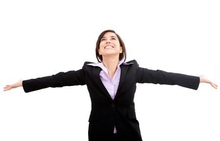Successful business woman with arms up isolated over a white background