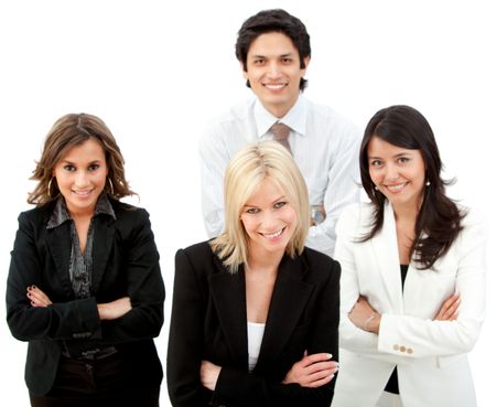 Confident business group smiling isolated over a white background