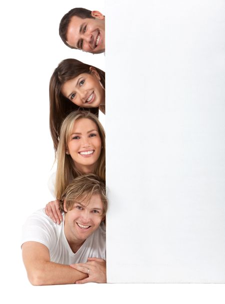 Group of people with a banner isolated over a white background