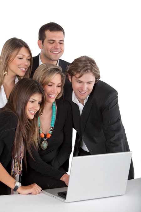 Business group working on a laptop isolated over a white background