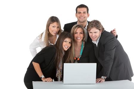 Business group working on a laptop isolated over a white background