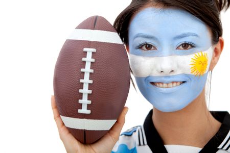 Portrait of female Argentinean rugby fan with painted face - isolated over white