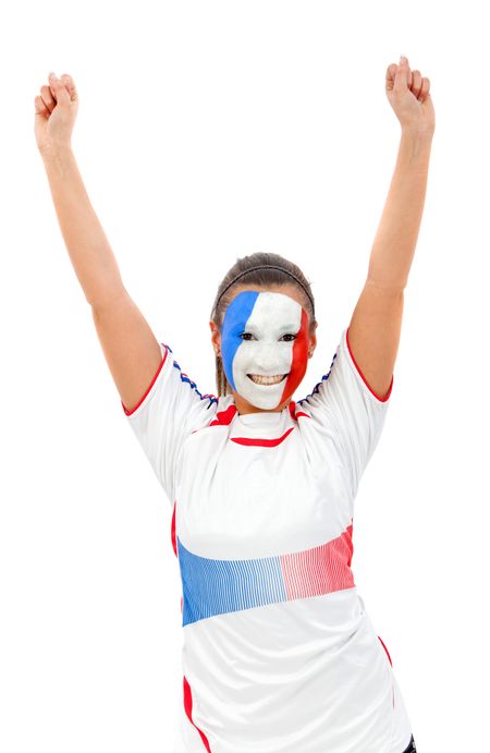 Woman with the French flag painted on her face and arms up - over a white background