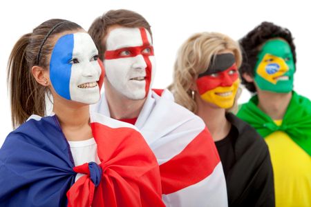 Patriotic group of people from different countries and flags painted on their faces - isolated