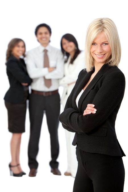 Confident business woman with a group - isolated over  white background