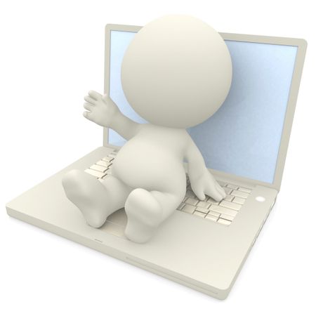 3D person sitting on a laptop isolated over a white background