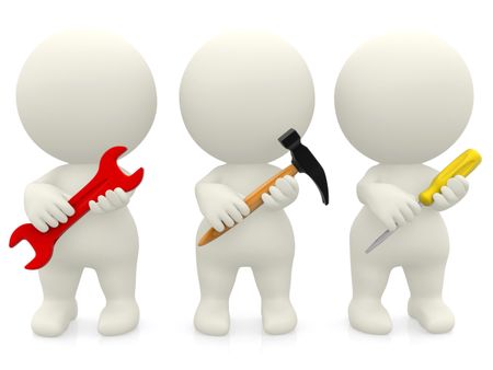 3D people holding tools isolated over a white background