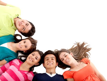 Group of friends lying on the floor - isolated over a white background
