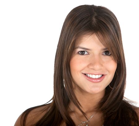 Beautiful woman portrait smiling - isolated over a white background