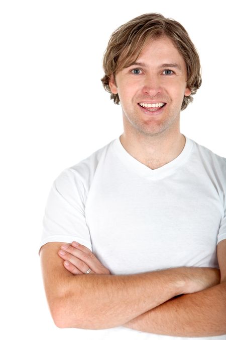 Handsome confident man smiling isolated over a white background