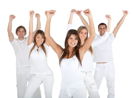 Happy group of friends with arms up - isolated over a white background