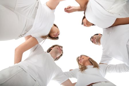 Circle of friends hugging and talking - isolated over a white background