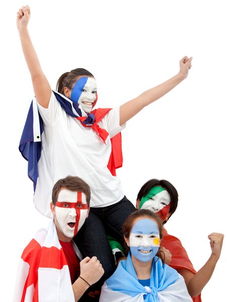 Patriotic people with flags painted on their faces - isolated over a white background