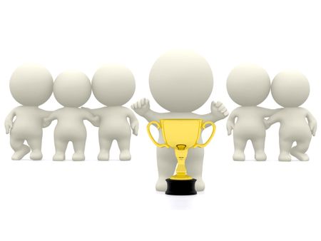 3D person winning a trophy isolated over a white background