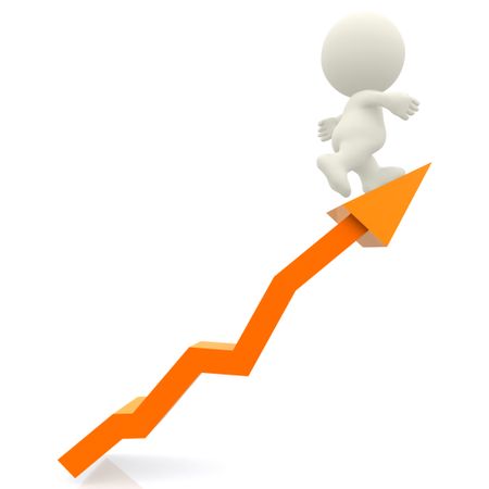 3D person on top of a growing graph isolated over a white background
