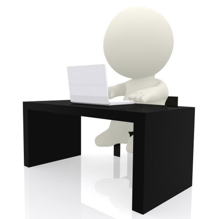 3d business person on a desk with a laptop - isolated over a white background