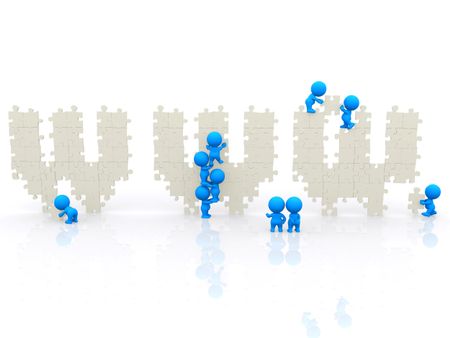3d people making a puzzle with the letters www - isolated over white