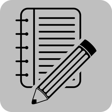 Vector Illustration of a apiral notepad icon with pencil in black with grey background
